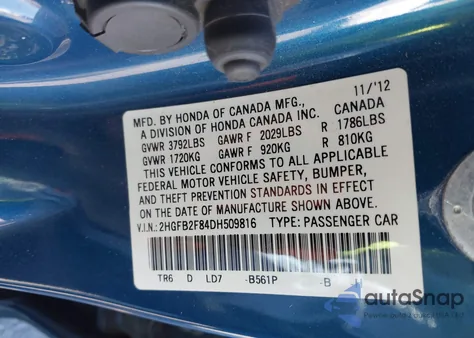 2013 Honda Civic Ex from USA, damaged, VIN 2HGFB2F84DH509816